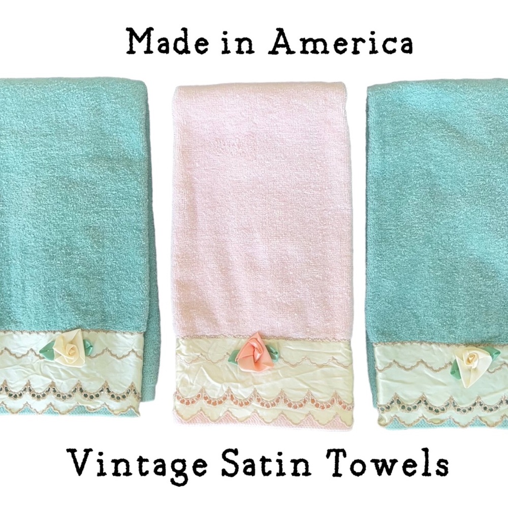 Vintage-y 1960’s Satin Lace Rosebud large Hand towel Retro decor Pink & Blue